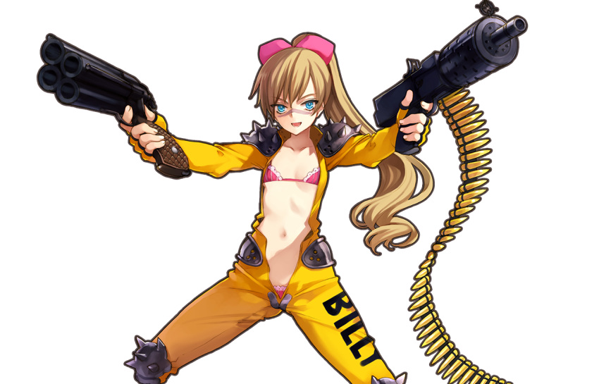 1girl, armor, billy_the_kid_(eiyuu_senki), blonde_hair, blue_eyes, bodysuit, bra, collarbone, cowboy_shot, eiyuu_senki, flat_chest, gun, hair_ribbon, long_hair, looking_at_viewer, navel, ooyari_ashito, open_clothes, panties, panty_peek, ponytail, ribbon, shoulder_armor, smile, solo, transparent_background, underwear, weapon