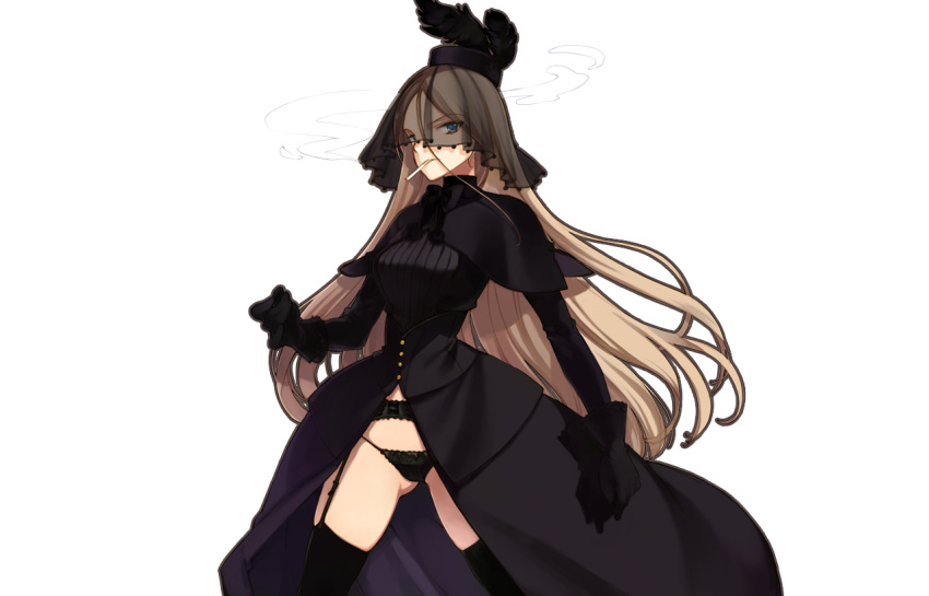1girl, black_clothes, black_gloves, black_legwear, black_panties, blonde_hair, blue_eyes, cigarette