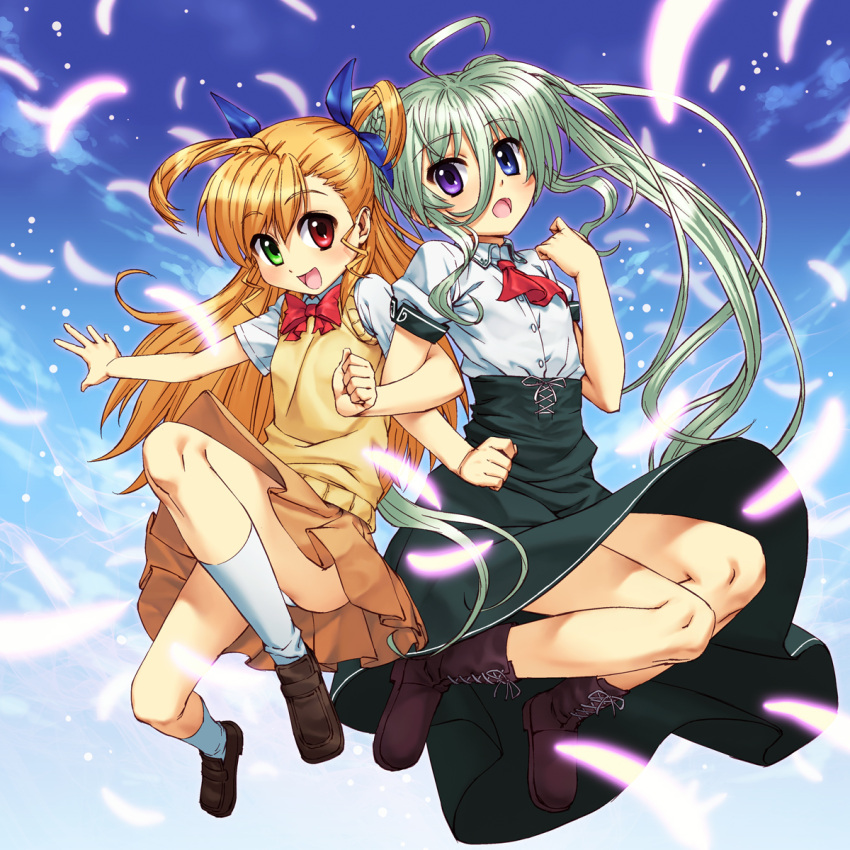2girls, :d, :o, ahoge, bangs, blue_eyes, blue_sky, blush, boots, bow, brown_skirt, clenched_hand, commentary_request, cozy, day, einhart_stratos, eyebrows_visible_through_hair, feathers, female, glowing_feather, green_eyes, hair_between_eyes, hair_bow, heterochromia, highres, huge_ahoge, jumping, locked_arms, long_hair, long_skirt, looking_at_viewer, lyrical_nanoha, mahou_shoujo_lyrical_nanoha_vivid, multiple_girls, open_mouth, red_eyes, red_ribbon, ribbon, school_uniform, shirt, shoes, short_sleeves, skirt, skirt_lift, sky, smile, socks, very_long_hair, violet_eyes, vivio, white_legwear, white_shirt