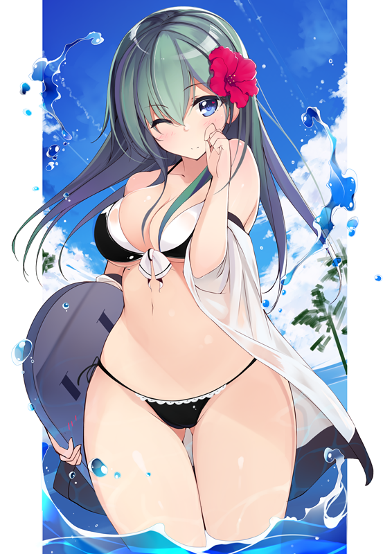 1girl, bare_shoulders, bikini, black_bikini, blue_eyes, blue_sky, breasts, cleavage