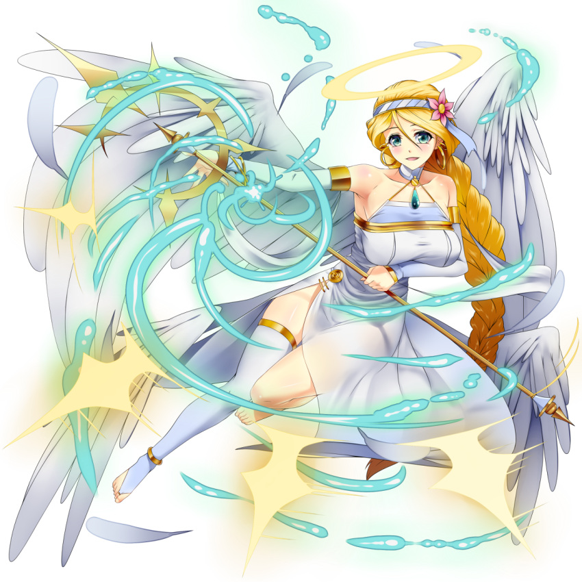 1girl, angel, angel_wings, bare_shoulders, barefoot, blonde_hair, blush, braid