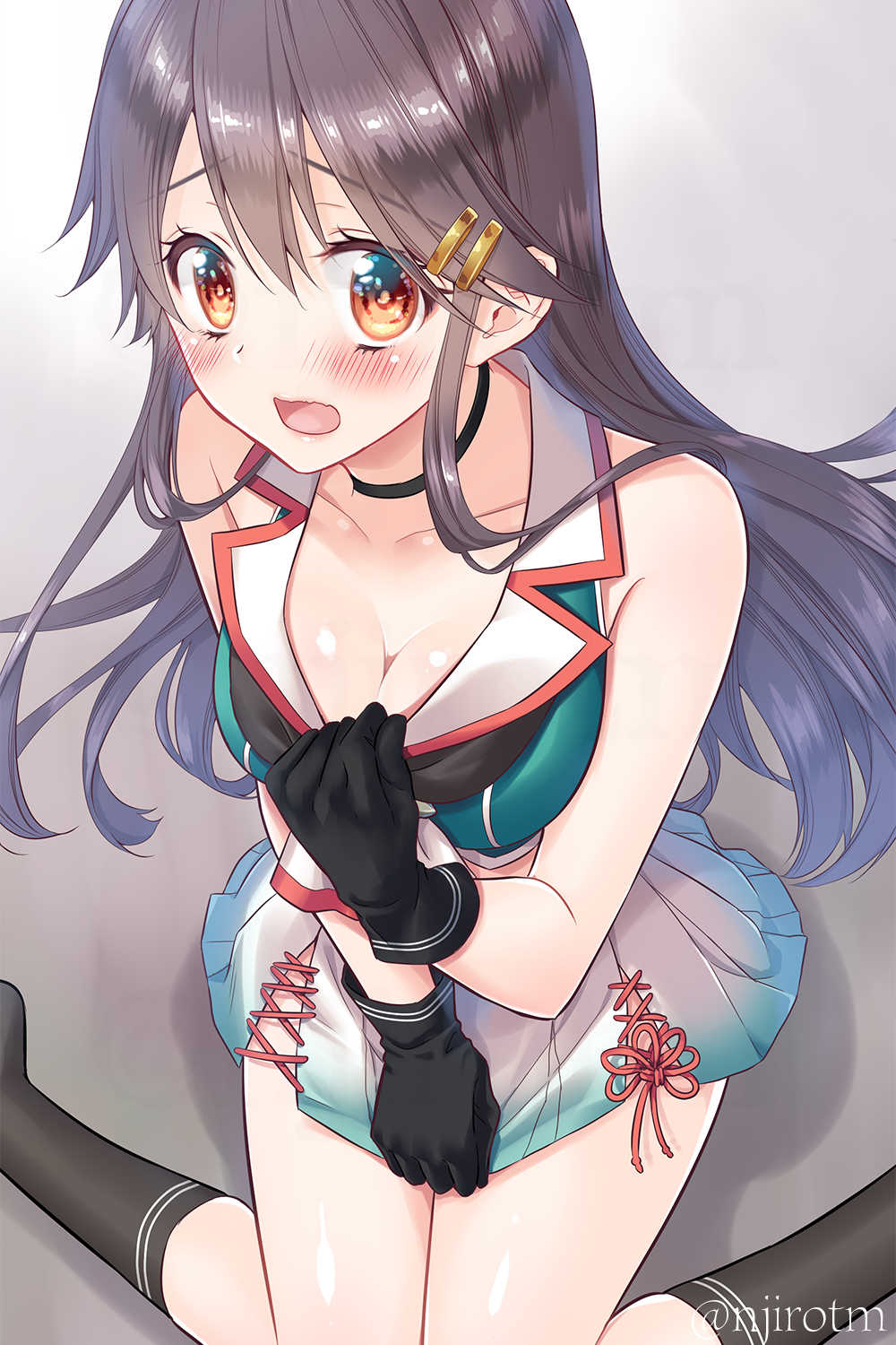 black_gloves, black_legwear, breasts, brown_eyes, brown_hair, choukai_(kantai_collection), choukai_(kantai_collection)_(cosplay), cleavage