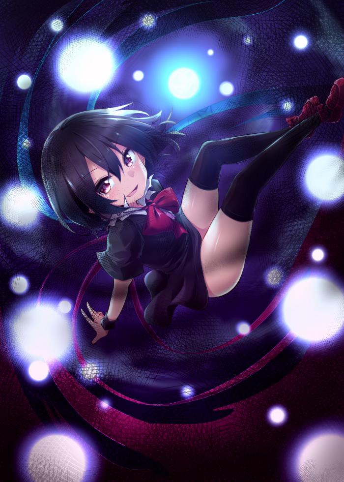 1girl, asymmetrical_wings, black_dress, black_hair, black_legwear, bow, bowtie, chipa_(arutana)