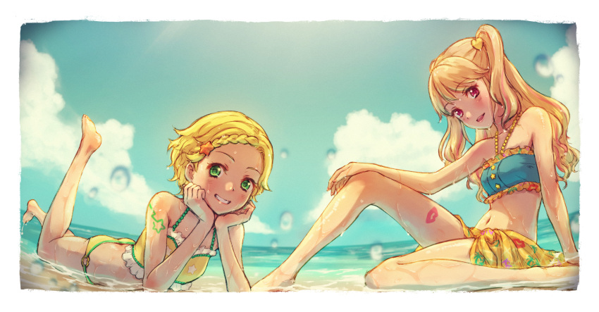 2girls, absurdres, aikatsu!, bangs, beach, bikini, blonde_hair, braid