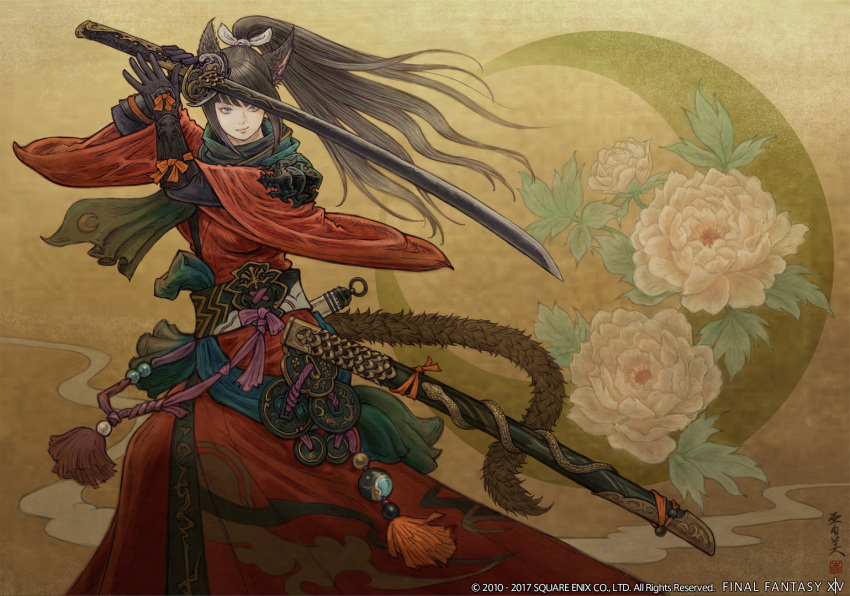 1girl, animal_ears, cat_ears, cat_tail, final_fantasy, final_fantasy_xiv, gloves, katana