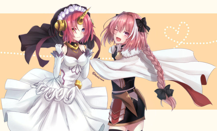 >;d, 1boy, 1girl, ;d, bare_shoulders, berserker_of_black, black_bow, blue_eyes