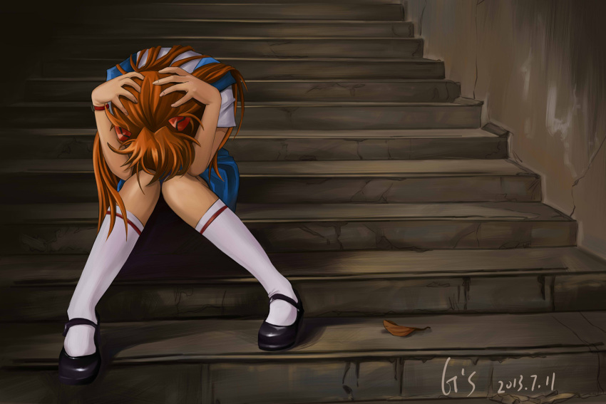 2013, dated, highres, holding_head, kneehighs, knees_together_feet_apart, long_hair, neon_genesis_evangelion