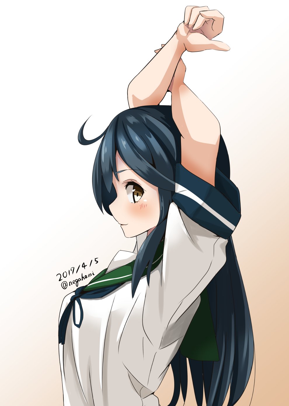 1girl, ahoge, arms_up, blush, breasts, highres, kantai_collection, long_hair