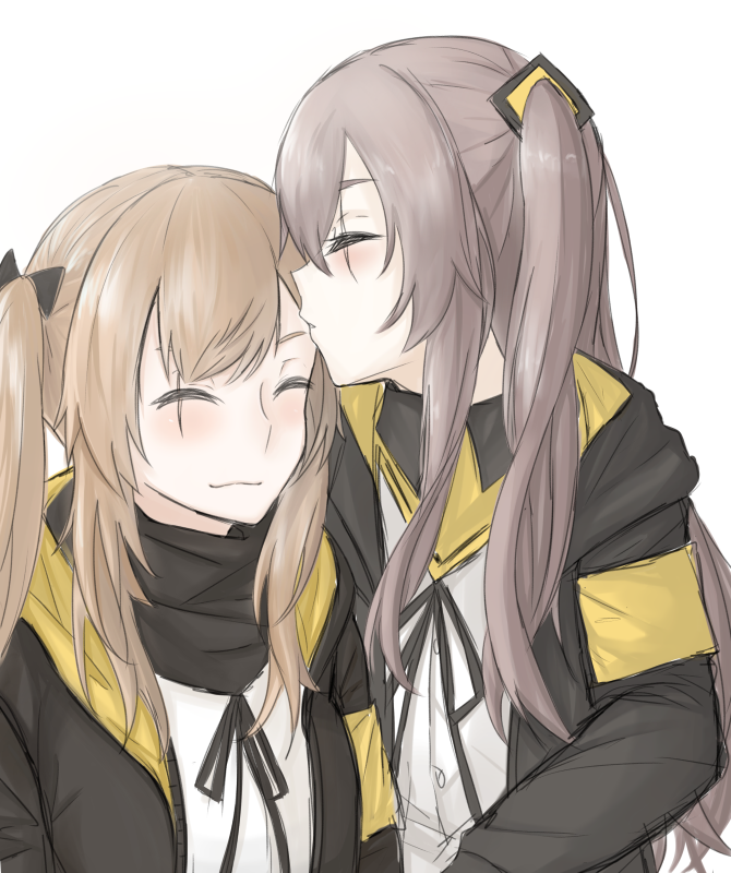 2girls, :3, black_ribbon, blush, bow, brown_hair, closed_eyes, forehead_kiss