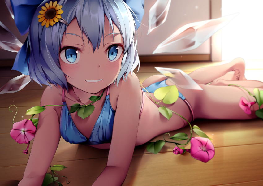 1girl, absurdres, arm_support, ass, bare_arms, bare_legs, barefoot, bikini