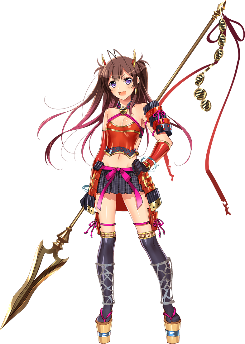>:d, 1girl, :d, antenna_hair, bare_shoulders, brown_hair, checkered, checkered_skirt, elbow_gloves, flat_chest, full_body, gloves, hand_on_hip, holding, holding_spear, holding_weapon, long_hair, midriff, murakami_yuichi, navel, official_art, open_mouth, oshiro_project, oshiro_project_re, pleated_skirt, polearm, sakuma_kanazawa_(oshiro_project), skirt, smile, spear, thigh-highs, transparent_background, two_side_up, violet_eyes, weapon, weapon_on_back