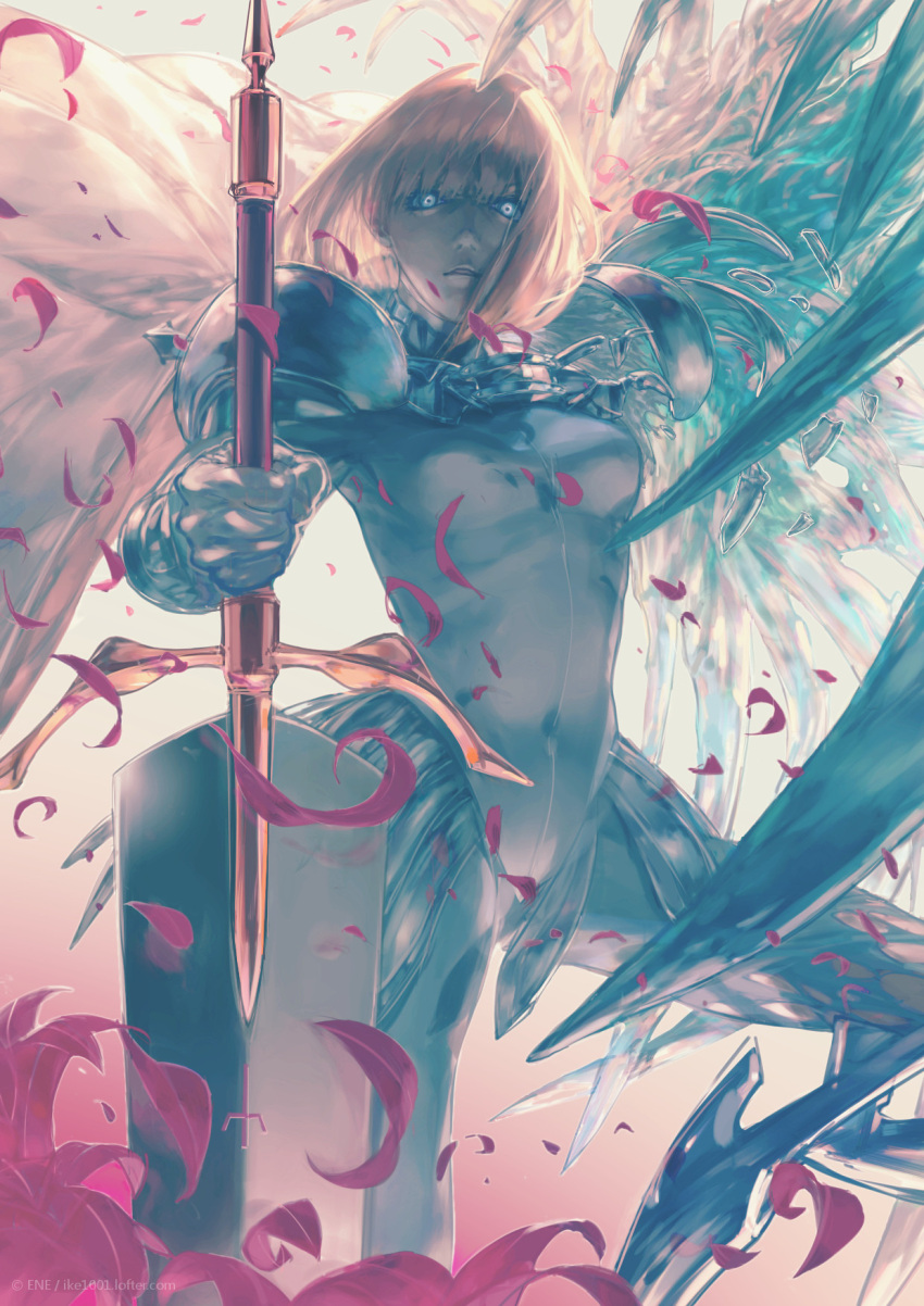 1girl, bangs, blonde_hair, blunt_bangs, breasts, clare_(claymore), claymore, claymore_(sword), covered_navel, ene, glaring, grey_eyes, highres, huge_weapon, looking_at_viewer, medium_breasts, pauldrons, short_hair, solo, sword, weapon