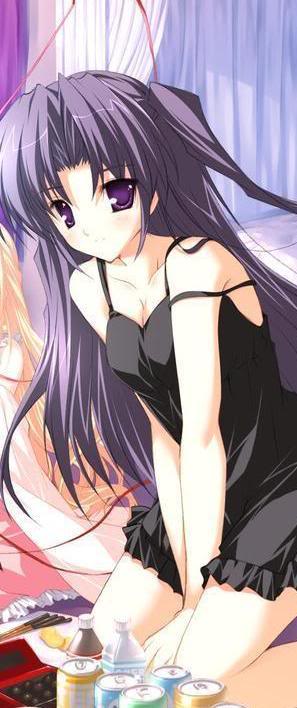 bed, cleavage, kneeling, long_hair, night_gown, purple_hair, violet_eyes
