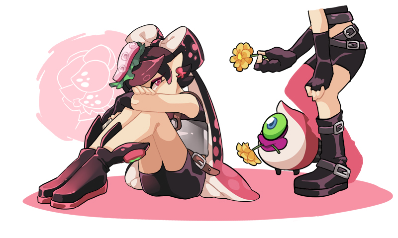 +_+, 2girls, ankle_boots, aori_(splatoon), armor, belt, bike_shorts, black_boots, black_gloves, black_hair, black_shirt, black_shorts, boots, cosplay, drawing, earrings, fingerless_gloves, flower, food, food_on_head, from_side, gloves, holding, holding_flower, hotaru_(splatoon), jewelry, leg_hug, long_hair, looking_at_another, looking_back, multiple_girls, object_on_head, octarian, octoball, pink_eyes, pointy_ears, sad, shirt, shorts, sitting, splatoon, splatoon_2, sushi, takozonesu, takozonesu_(cosplay), tentacle_hair, wong_ying_chee