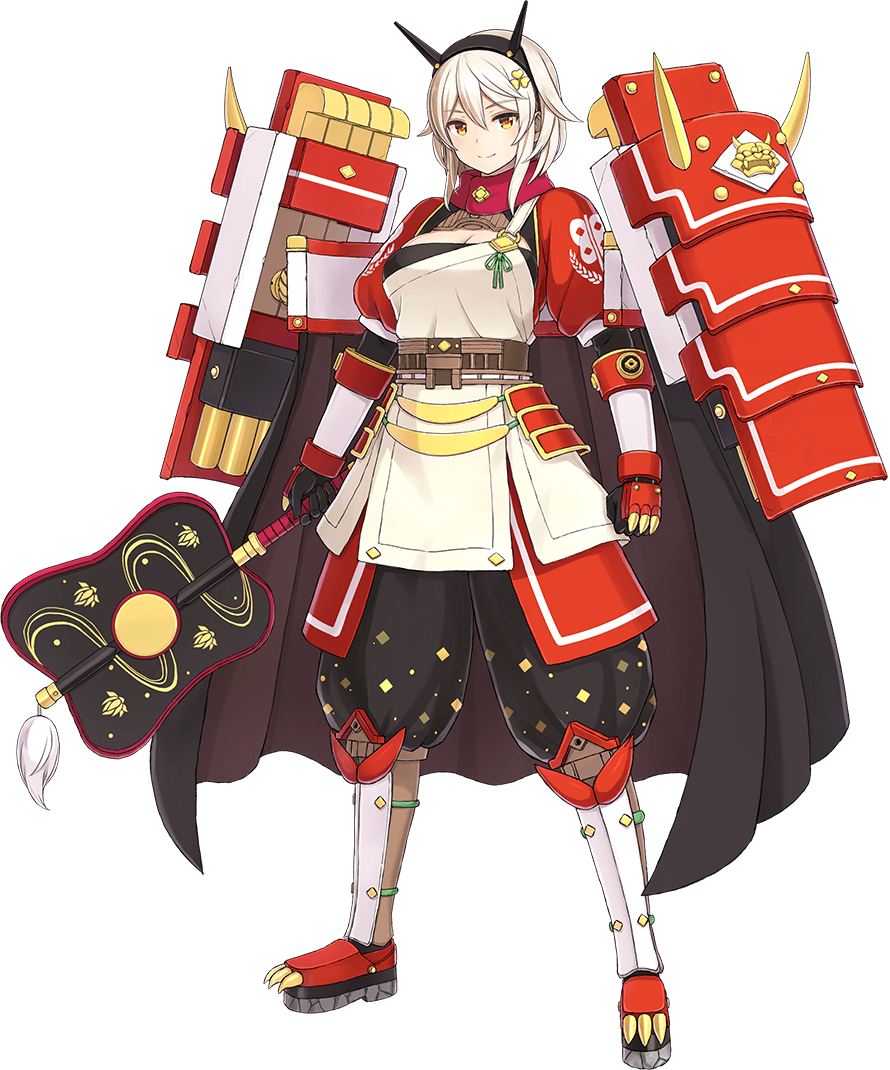 1girl, armor, artist_request, black_gloves, breasts, cape, cleavage, full_body, gloves, hair_ornament, hairband, large_breasts, looking_at_viewer, official_art, orange_eyes, oshiro_project, oshiro_project_re, smile, transparent_background, tsutsujigasaki_(oshiro_project), white_cape, white_hair
