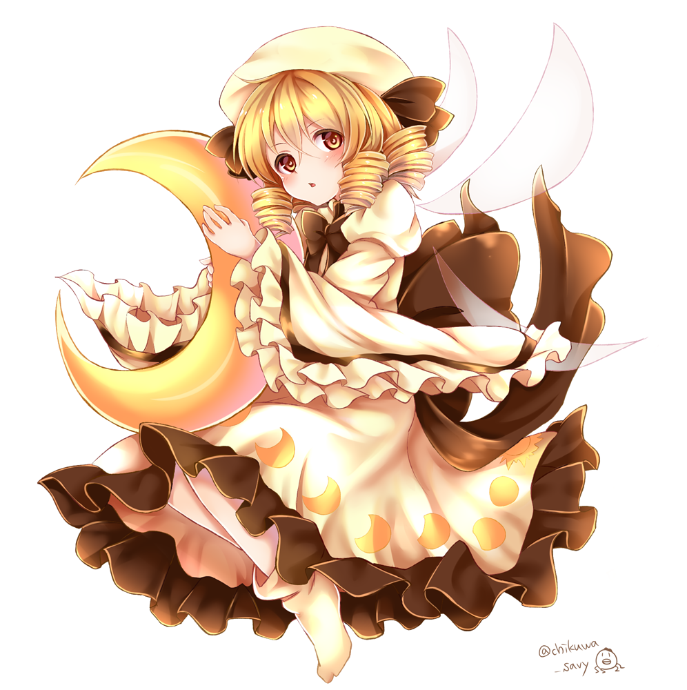 1girl, :o, bangs, black_ribbon, blonde_hair, blush, chikuwa_savi, crescent