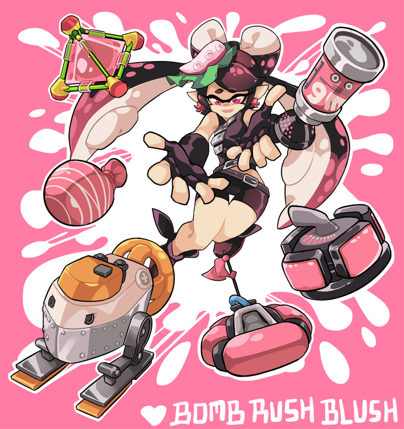 +_+, 1girl, ankle_boots, aori_(splatoon), armor, autobomb_(splatoon), belt, bike_shorts
