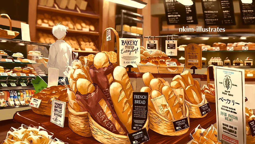 1boy, artist_name, baguette, bakery, basket, bread, english, food, long_sleeves, nadia_kim, shirt, shop, white_hair, white_shirt