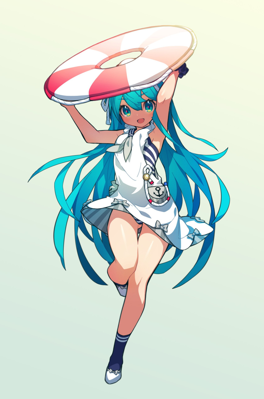1girl, absurdres, anchor_symbol, aqua_eyes, aqua_hair, armpits, arms_up, bare_arms