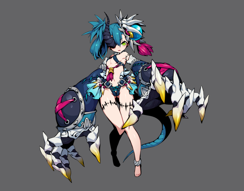 1girl, absurdres, bare_legs, barefoot, belt, blue_hair, breasts, claws