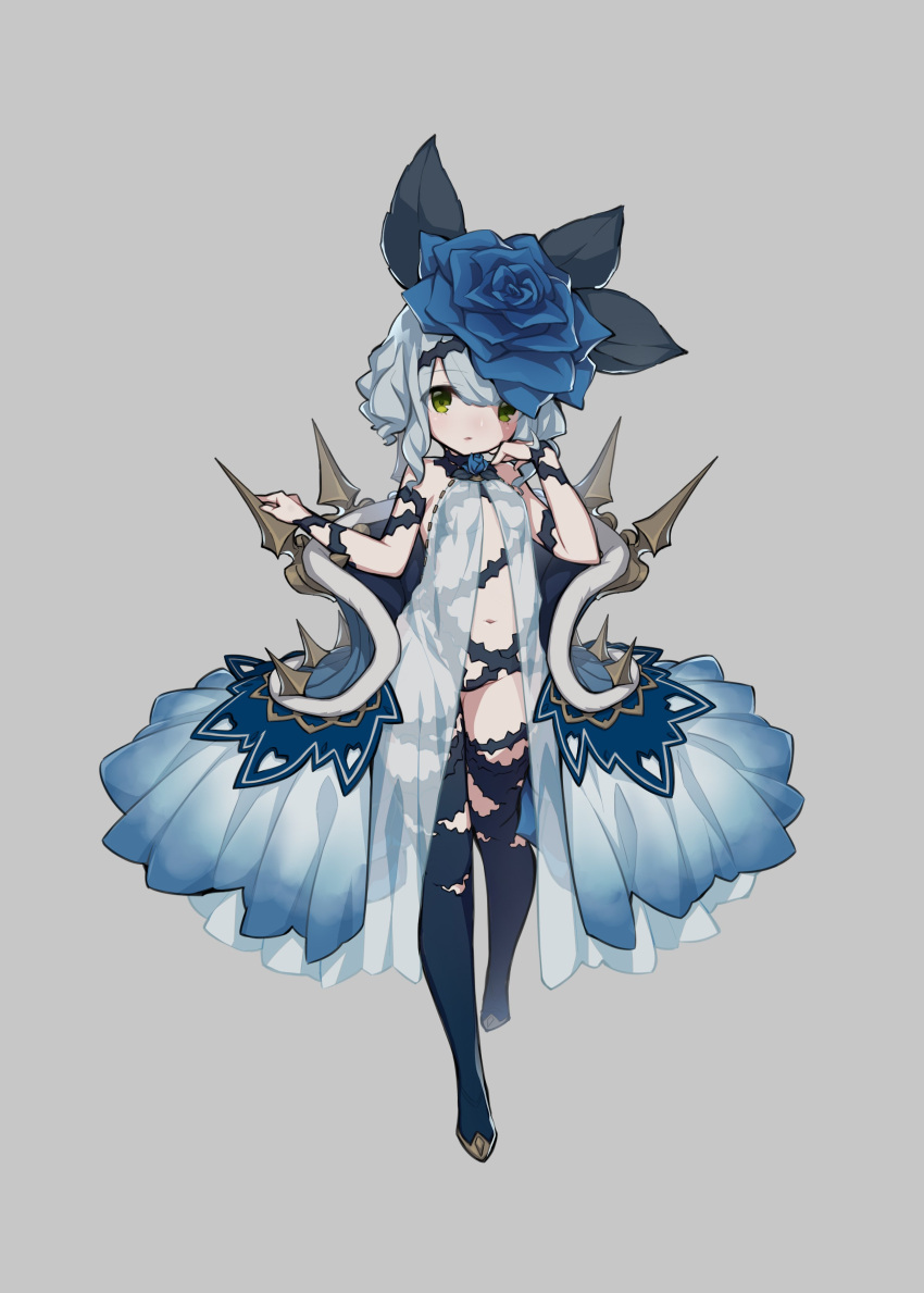 1girl, absurdres, bangs, black_legwear, blue_rose, blue_skirt, flower, full_body, green_eyes, highres, kaki_gohri, looking_at_viewer, medium_hair, navel, original, personification, rose, see-through, showgirl_skirt, silver_hair, simple_background, skirt, solo, standing