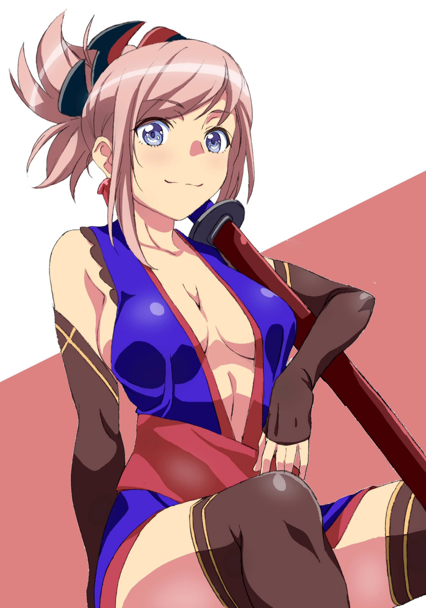 1girl, :3, bangs, black_gloves, black_legwear, blue_eyes, breasts, cleavage