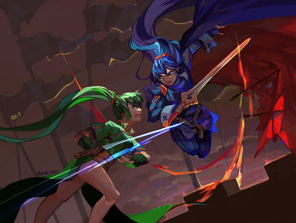 2girls, bare_legs, battle, blue_cape, blue_clothes, blue_eyes, blue_hair, cape