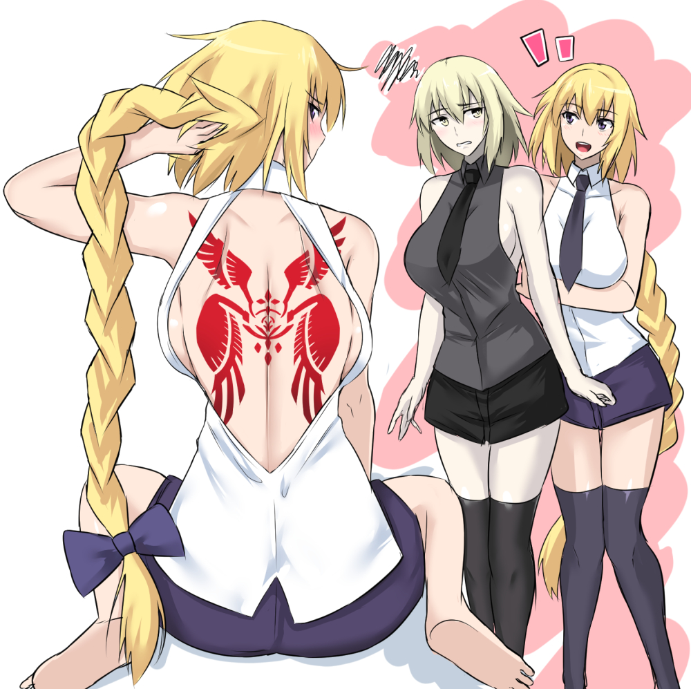 2girls, :d, arms_at_sides, backboob, backless_outfit, bangs, bare_arms, bare_shoulders