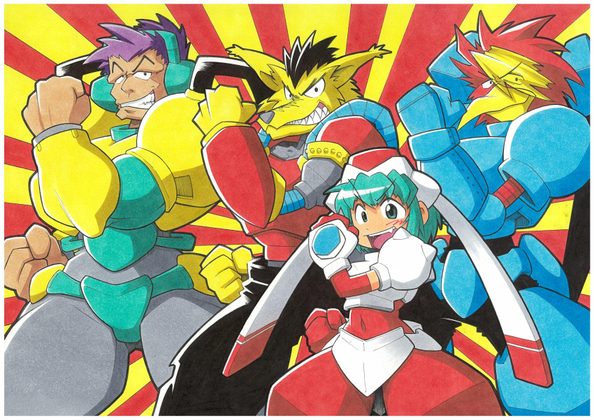 1girl, 3boys, absurdres, android, aqua_eyes, aqua_hair, aru_nakajima, beak
