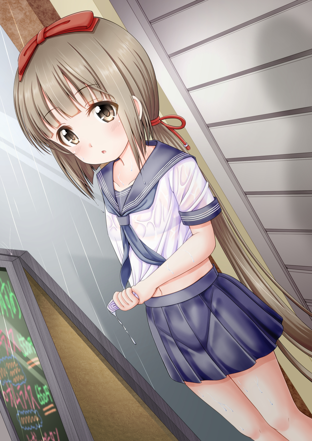 1girl, :o, bangs, black_bra, blue_skirt, blunt_bangs, blush, bow