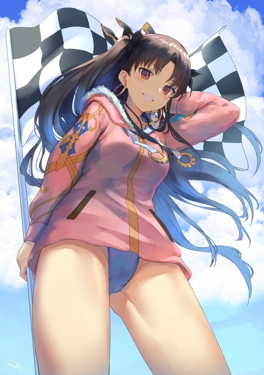 1girl, arm_up, bangs, black_ribbon, blue_sky, blue_swimsuit, brown_eyes, brown_hair, checkered, checkered_flag, clouds, cloudy_sky, crown, day, drawstring, earrings, eyebrows_visible_through_hair, fate/grand_order, fate_(series), floating_hair, from_below, fur-trimmed_hood, fur_trim, grin, hair_ribbon, hand_in_hair, haruato, highleg, highleg_swimsuit, highres, holding, holding_flag, hood, hoodie, hoop_earrings, ishtar_(fate/grand_order), jewelry, long_hair, long_sleeves, looking_at_viewer, no_pants, outdoors, pink_hoodie, pocket, ribbon, sky, smile, solo, standing, swimsuit, swimsuit_under_clothes, thighs, tohsaka_rin, two_side_up, very_long_hair, wind