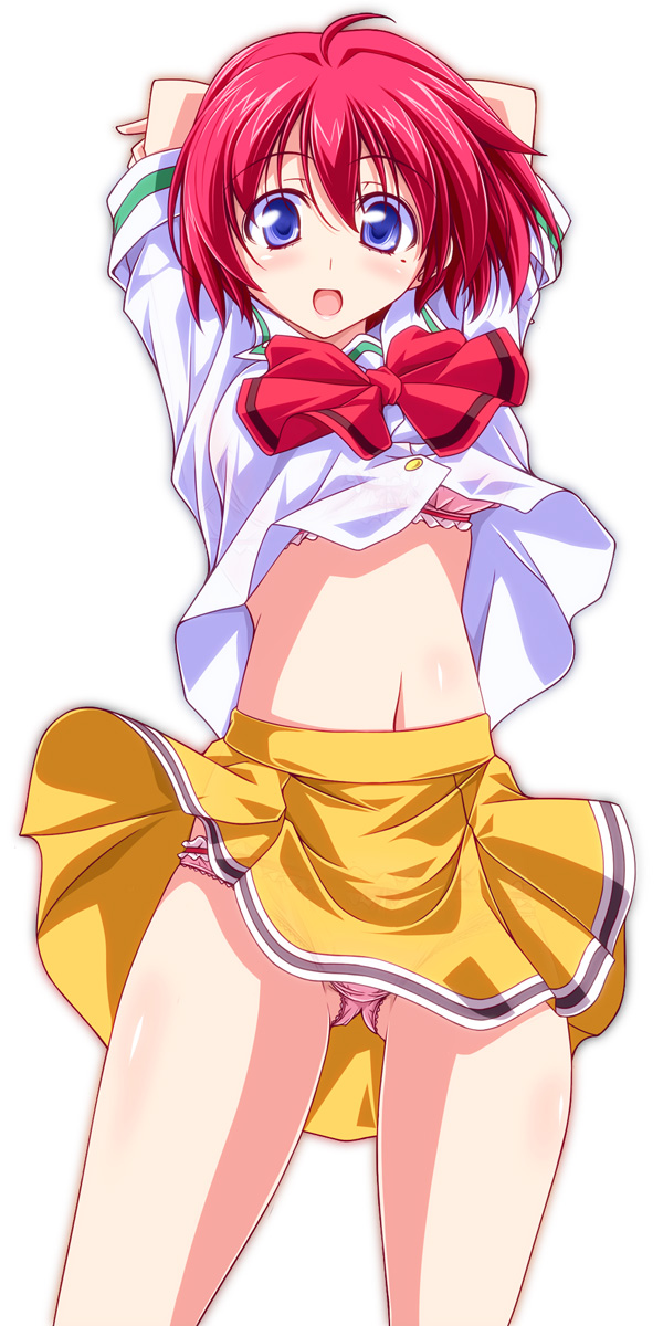 1girl, arms_behind_back, bangs, blouse, blue_eyes, bow, bra, collared_blouse