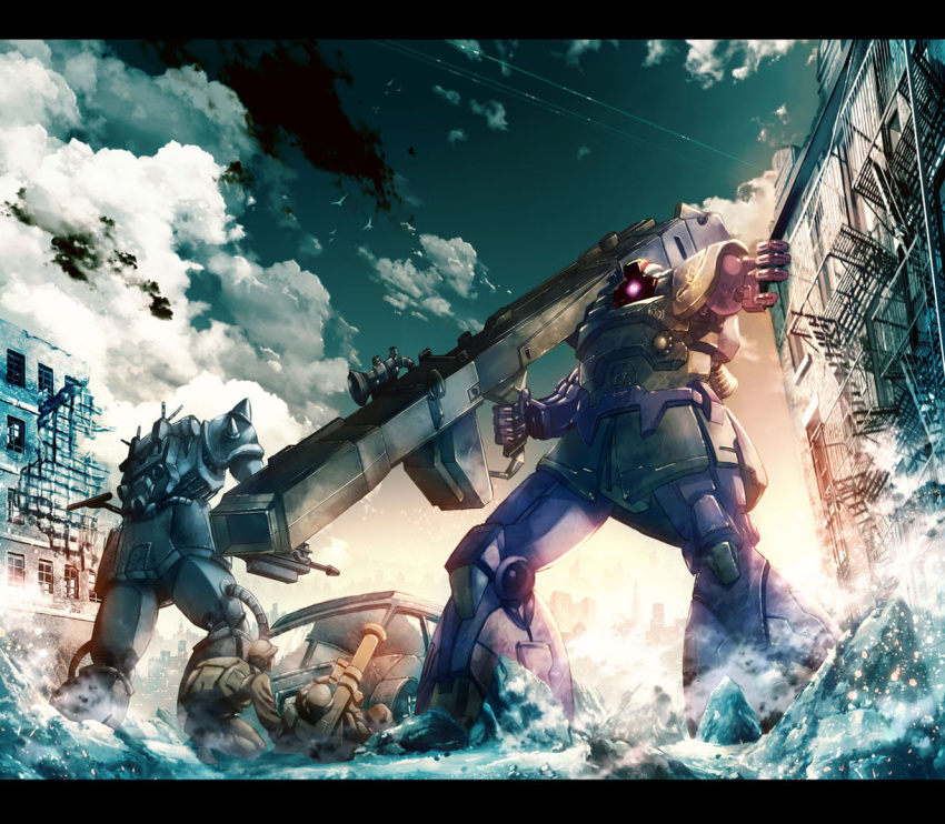 bazooka, bird, city, cloud, dom, gouf, gun, gundam