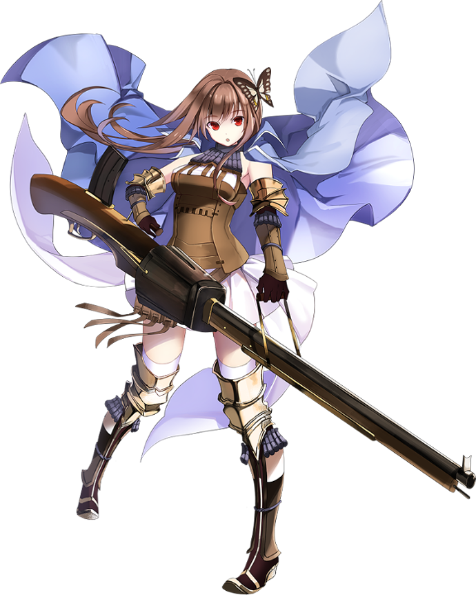 1girl, antique_firearm, boots, brown_gloves, brown_hair, butterfly_hair_ornament, detached_sleeves, firearm, firelock, flintlock, full_body, gloves, gun, hagi_(oshiro_project), hair_ornament, holding, holding_gun, holding_weapon, long_hair, official_art, oshiro_project, oshiro_project_re, pleated_skirt, red_eyes, skirt, thigh-highs, transparent_background, weapon, white_skirt, yuuki_kira
