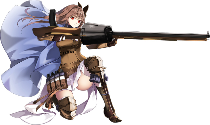 1girl, antique_firearm, boots, breasts, brown_gloves, brown_hair, butterfly_hair_ornament, detached_sleeves, firearm, firelock, flintlock, full_body, gloves, gun, hagi_(oshiro_project), hair_ornament, holding, holding_gun, holding_weapon, kneeling, long_hair, official_art, oshiro_project, oshiro_project_re, pleated_skirt, skirt, weapon, white_skirt, yuuki_kira