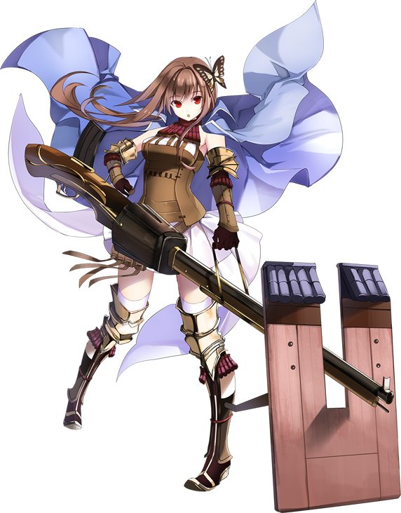 1girl, antique_firearm, boots, brown_gloves, brown_hair, butterfly_hair_ornament, detached_sleeves, firearm