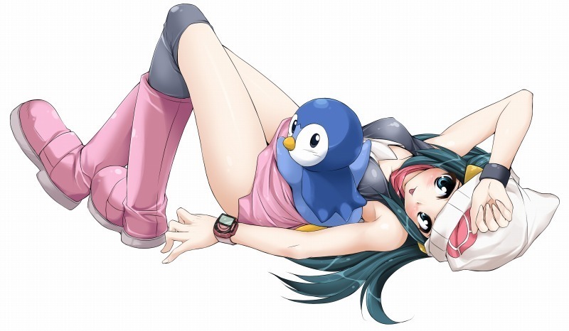 1girl, blush, cap, endou_masatoshi, green_eyes, green_hair, hikari_(pokemon), long_hair