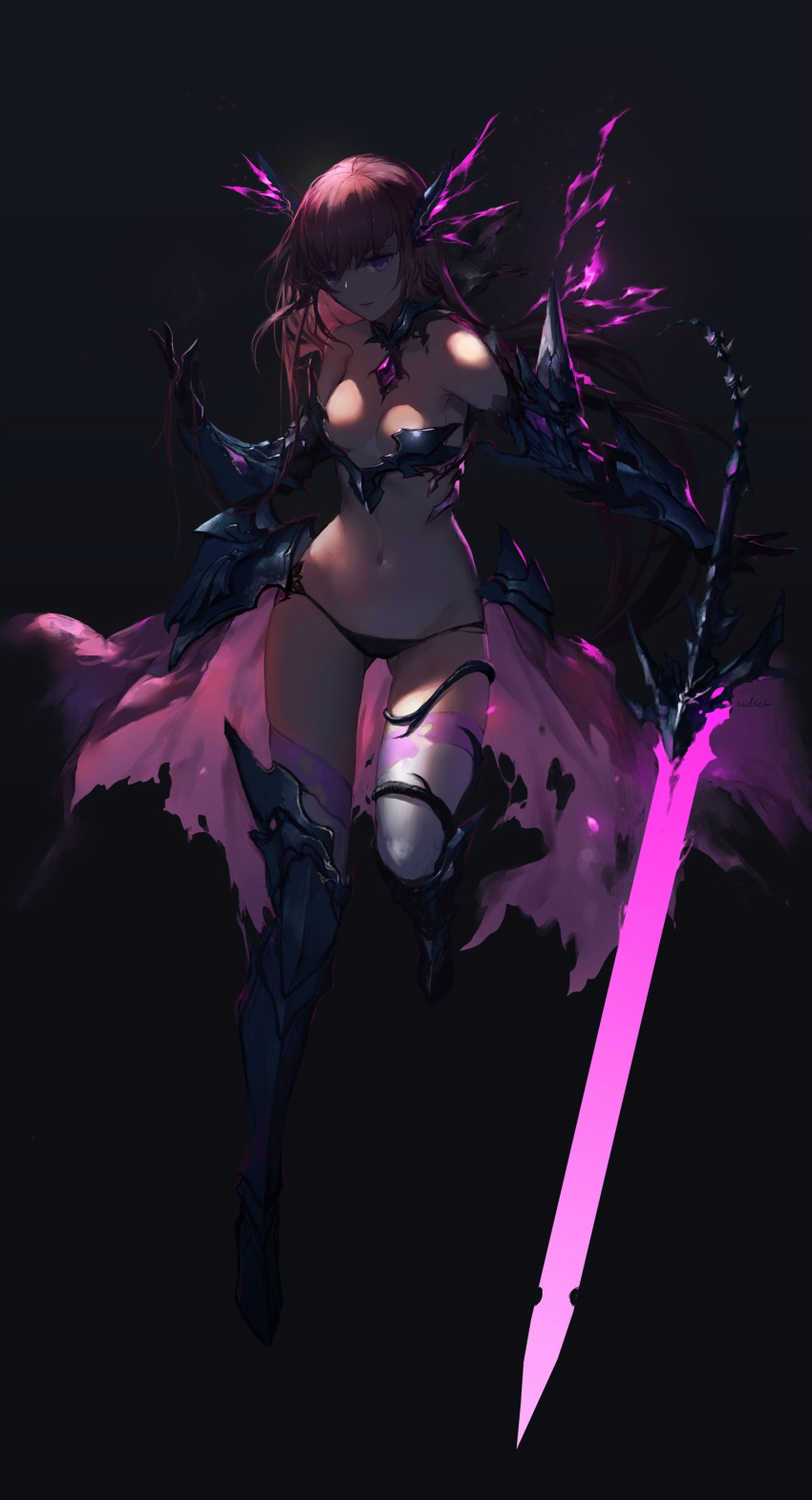 1girl, absurdres, armor, bikini_armor, black_background, black_gloves, black_panties, breasts