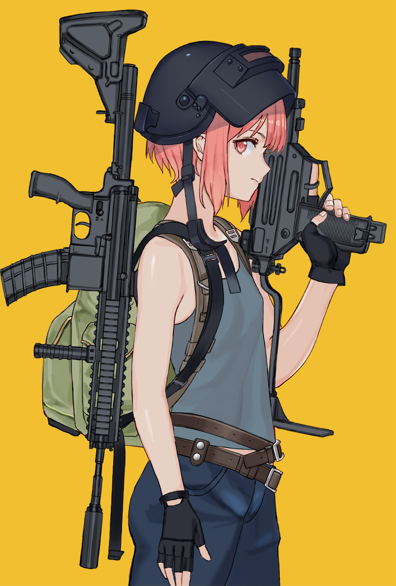 1girl, ar-15, assault_rifle, backpack, bag, belt, black_gloves, closed_mouth