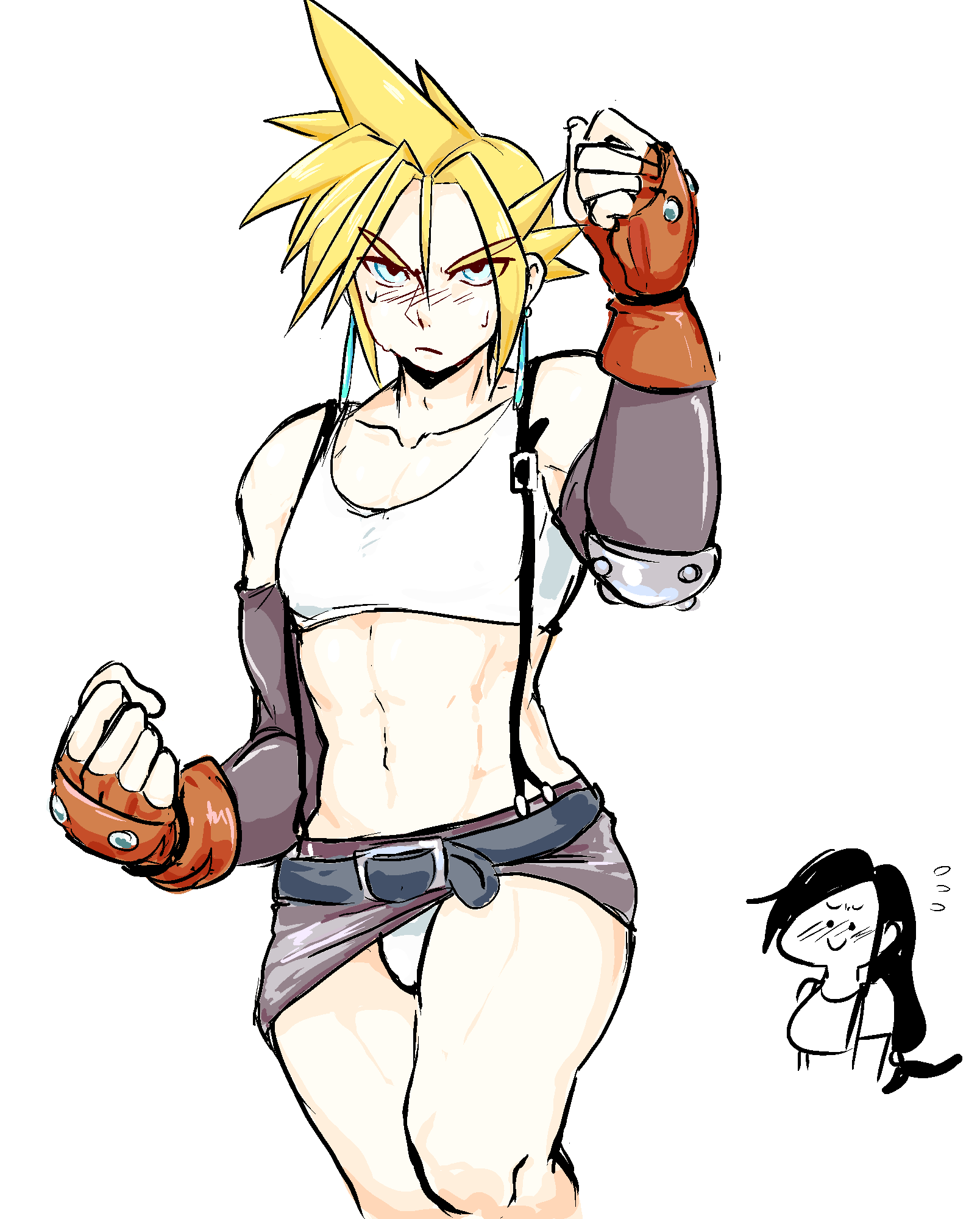 1boy, 1girl, abs, belt, blonde_hair, blue_eyes, blush, chibi_inset, clenched_hands, cloud_strife, cosplay, crossdressinging, earrings, final_fantasy, final_fantasy_vii, fingerless_gloves, flying_sweatdrops, gloves, highres, jewelry, long_hair, looking_at_another, low_ponytail, male_focus, midriff, miniskirt, muscle, navel, panties, pantyshot, simple_background, skirt, smile, solo_focus, spiky_hair, square_enix, suspenders, sweat, tifa_lockhart, tifa_lockhart_(cosplay), trap, underwear, white_background, white_panties, yellow_kirby