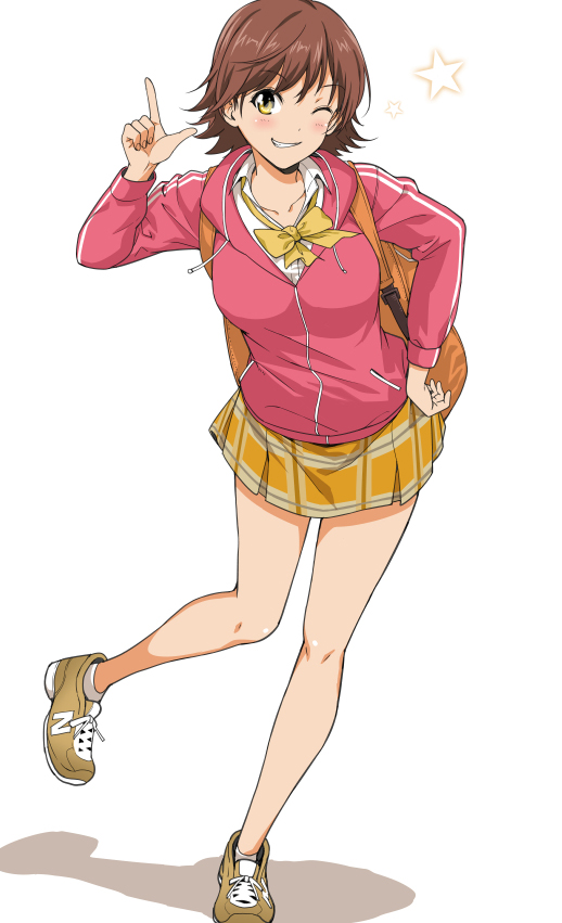 10s, 1girl, ;), backpack, bag, bangs, blush, bow