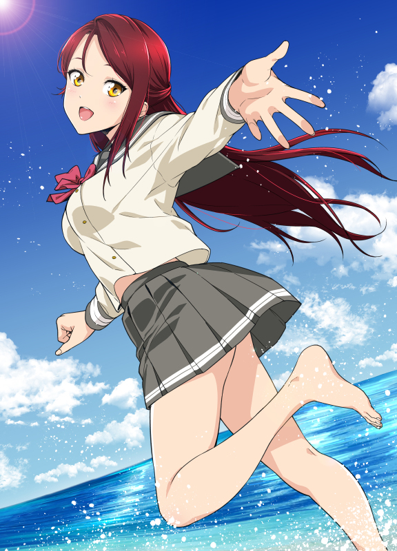 1girl, :d, barefoot, blue_sky, blush, breasts, clouds, day