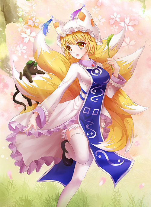 1girl, blonde_hair, breasts, cat_teaser, chen, chen_(cat), cherry_blossoms, dress, fox_tail, gradient, gradient_background, grass, hat, hat_with_ears, long_sleeves, looking_at_viewer, mary_janes, medium_breasts, miao_miao, mob_cap, multiple_tails, open_mouth, petticoat, shoes, short_hair, standing, standing_on_one_leg, tabard, tail, tail_grab, tassel, thigh-highs, touhou, tree, white_dress, white_legwear, yakumo_ran, yellow_eyes
