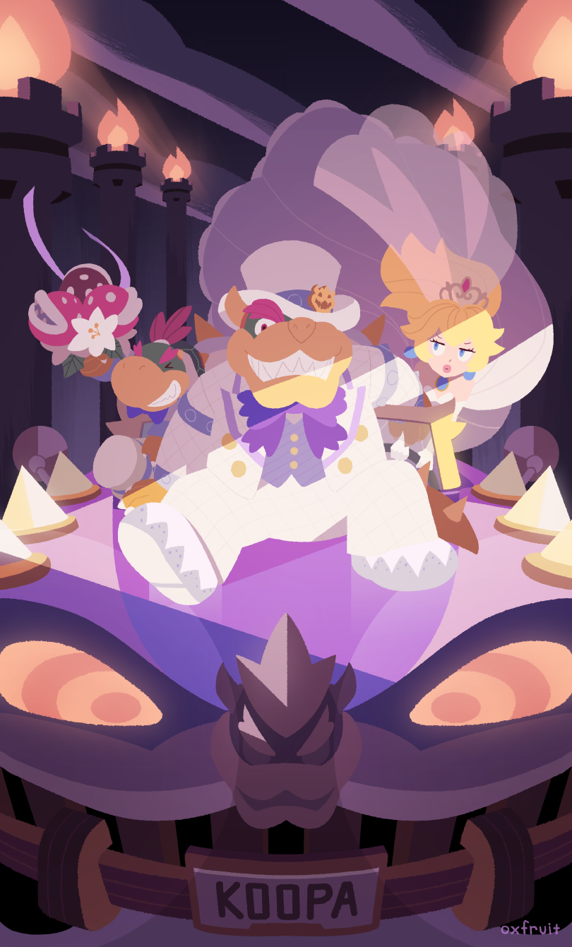 1girl, 2boys, blonde_hair, blue_eyes, bouquet, bowser, bowser_jr., bridal_veil