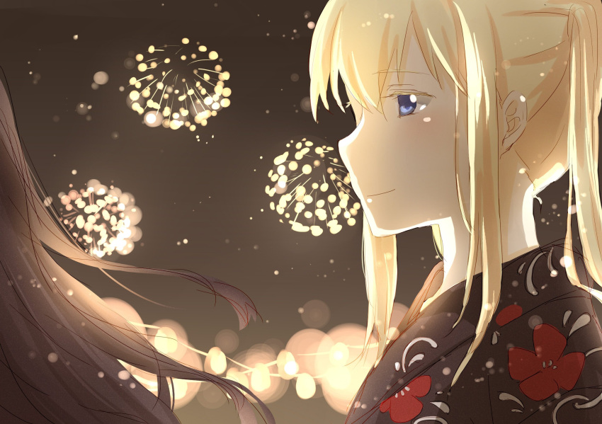 2girls, alternate_costume, asakawa_shinka, black_hair, blonde_hair, blue_eyes, blurry, blurry_background