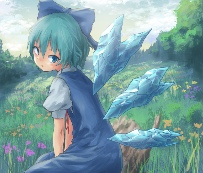 1girl, arms_between_legs, blue_dress, blue_eyes, blue_hair, bow, cirno, clouds