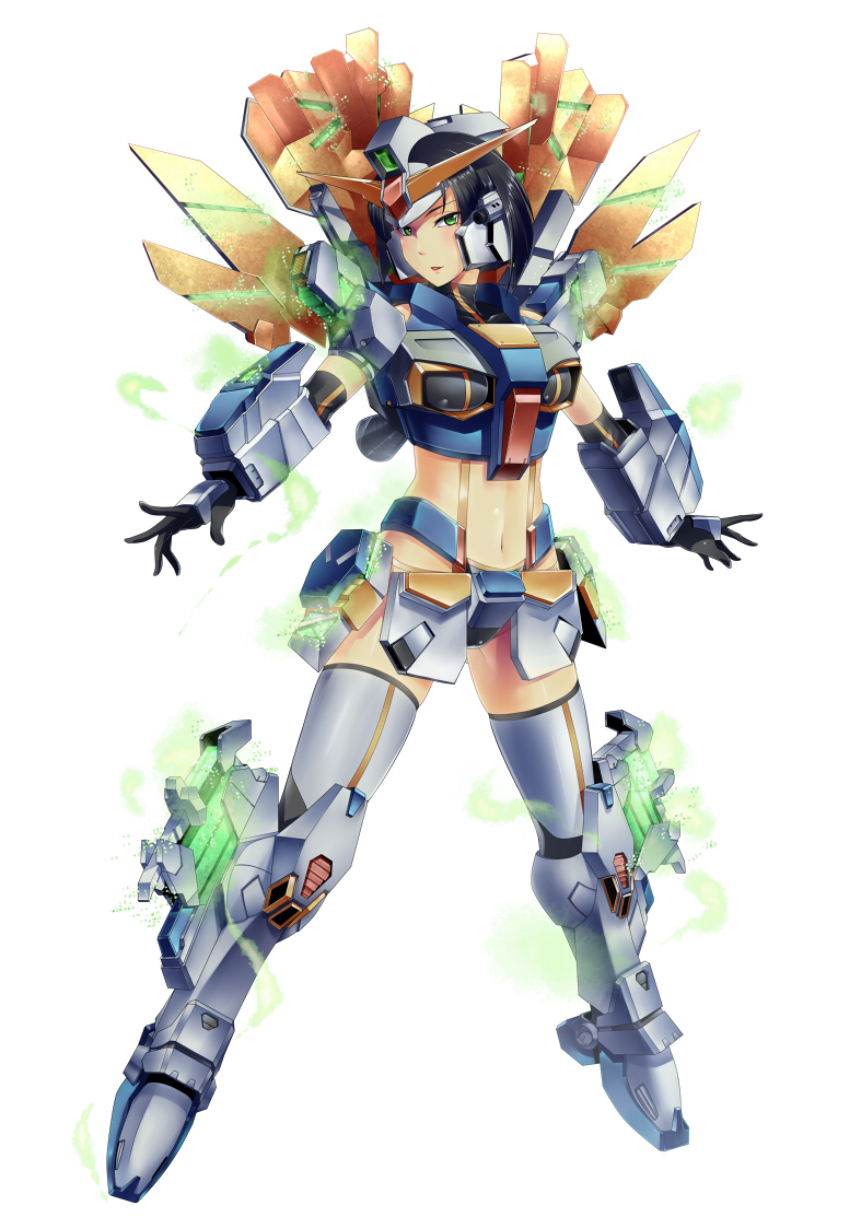 1girl, armor, black_gloves, black_hair, boobplate, commentary_request, cyborg, f90_gundam, full_body, gloves, green_eyes, gundam, gundam_f90, helmet, humanization, kagiyama_(gen'ei_no_hasha), looking_at_viewer, mecha_musume, navel, parted_lips, short_hair, simple_background, thigh-highs, white_background, white_legwear
