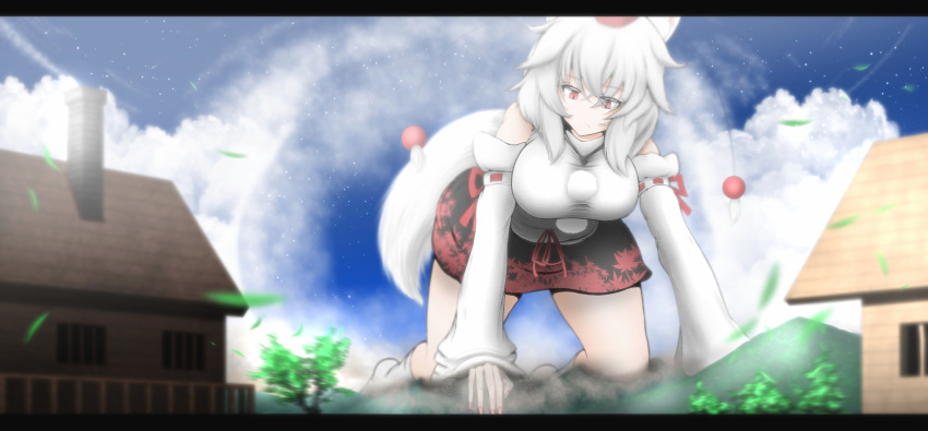 animal_ears, detached_sleeves, giantess, hat, highres, house, inubashiri_momiji, leaf