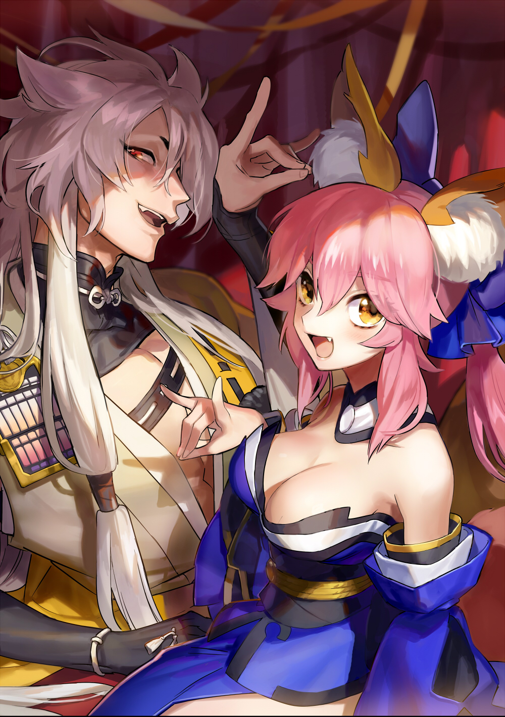10s, 1boy, 1girl, animal_ears, armor, blue_legwear, breasts, cleavage