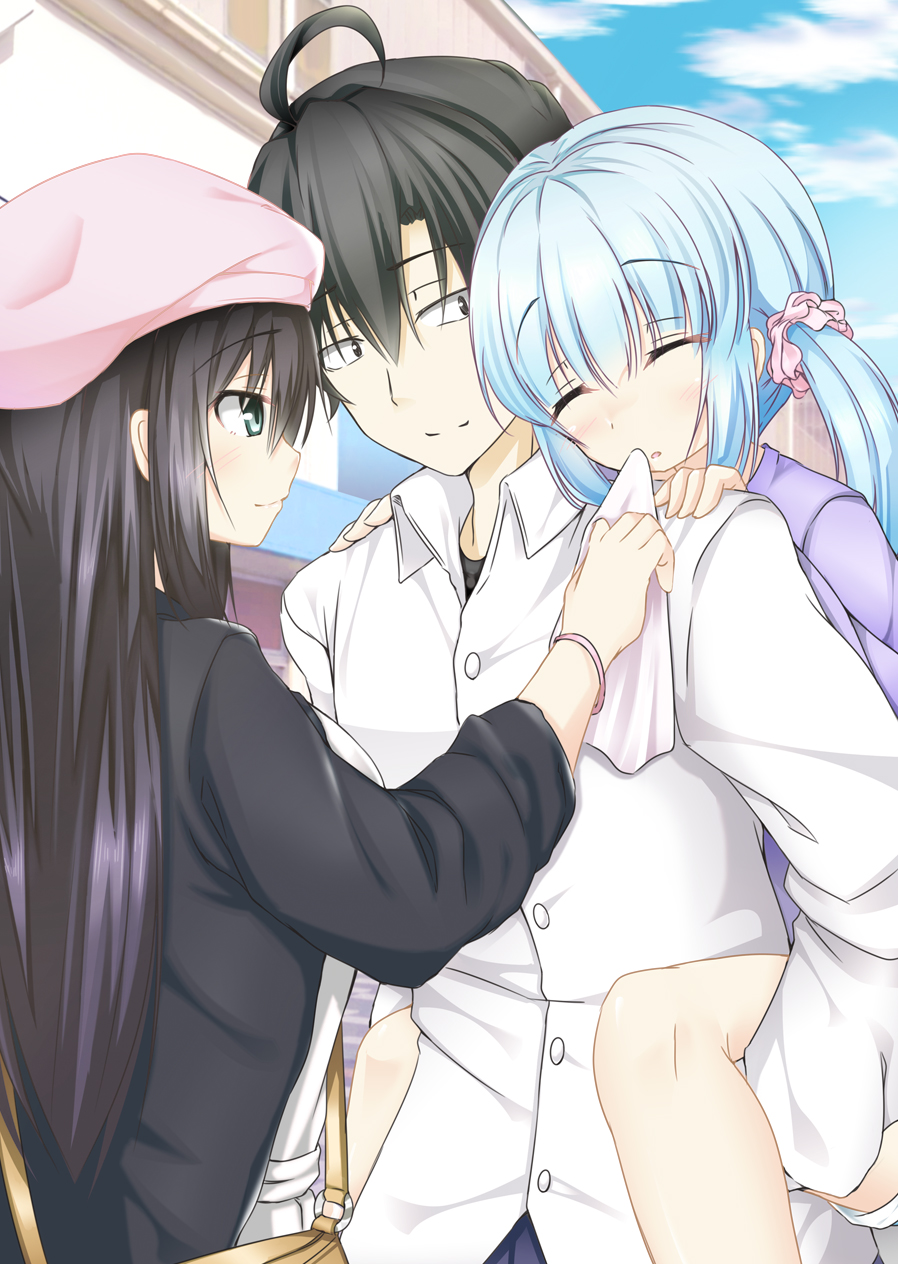 1boy, 2girls, black_eyes, black_hair, blue_hair, blush, green_eyes, highres
